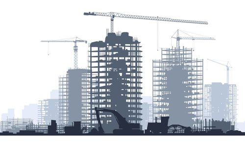 Line of silhouettes illustration of construction site with cranes and skyscraper with tractors, bulldozers, excavators and grader in blue tone.
